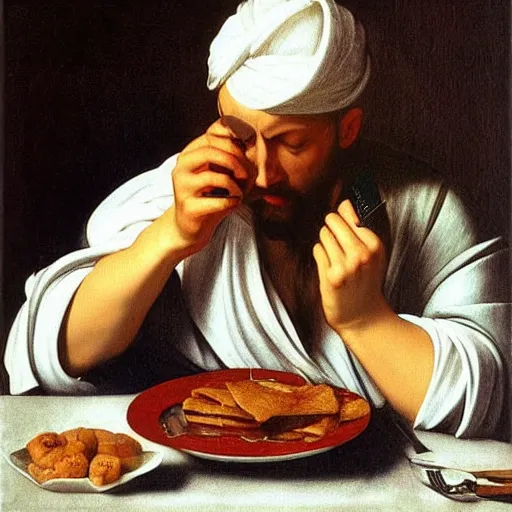 Prompt: sleepy dude, eating breakfast and scrolling twitter on his iPhone. In style of Caravaggio