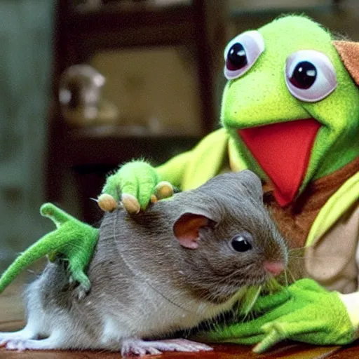 Prompt: kermit and yoda killing hamsters