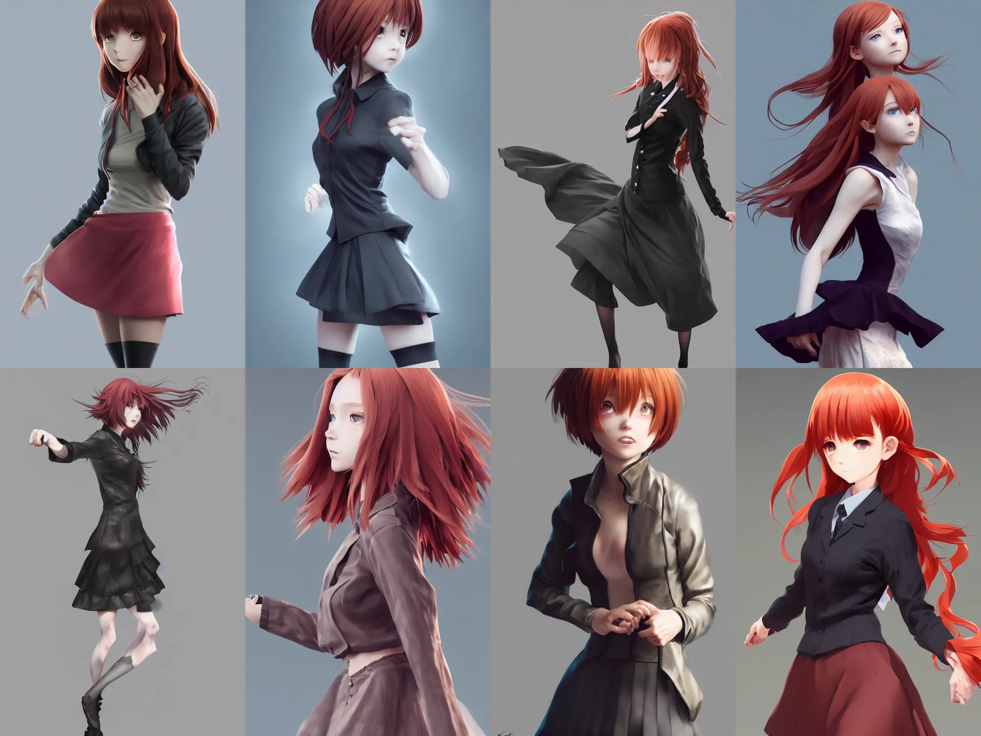 Prompt: Very complcated dynamic composition, realistic anime style at Pixiv, Zbrush sculpt colored, Octane render in Maya and Houdini VFX, young redhead girl in motion, wearing jacket and skirt, silky hair, black stunning deep eyes. By ilya kuvshinov, krenz cushart, Greg Rutkowski, trending on artstation. Amazing textured brush strokes. Cinematic dramatic soft volumetric studio lighting