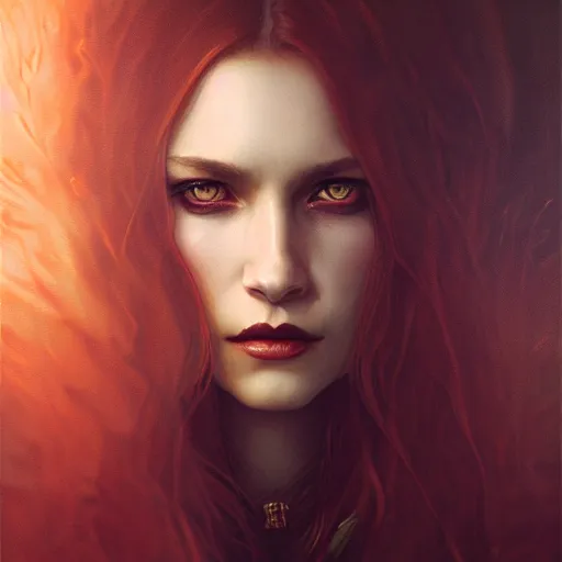 Image similar to majestic gracious regal aristocratic brunette female vampire portrait, atmospheric lighting, painted, menacing, intricate, volumetric lighting, beautiful, rich deep colours masterpiece, golden hour, sharp focus, ultra detailed, by leesha hannigan, ross tran, thierry doizon, kai carpenter, ignacio fernandez rios