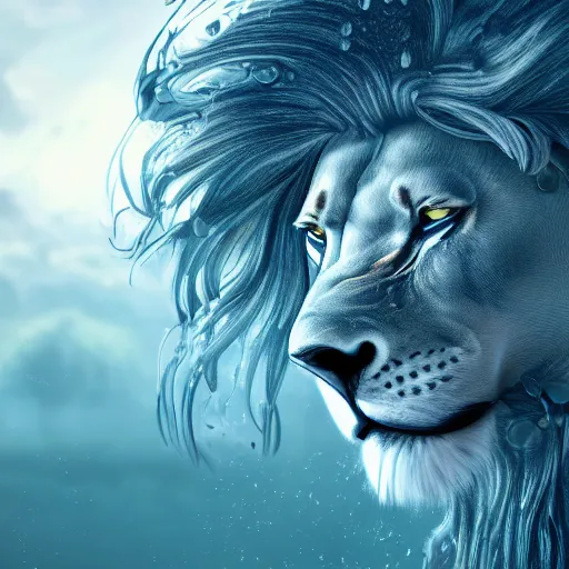 Image similar to a male lion's face breaching through a wall of water, headshot, water sprites, splashing, deep blue ocean, highly detailed, realistic digital art, trending on artstation