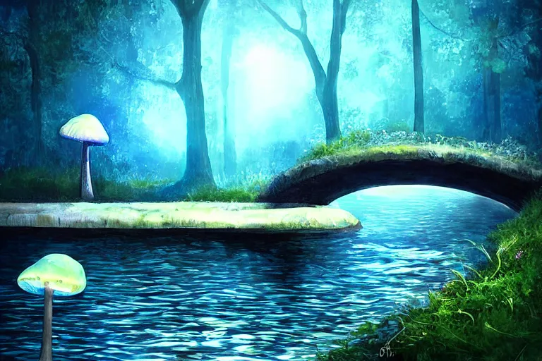 Image similar to giant glowing mushrooms next to a small bridge, flowing water, digital art, blue lighting, acrylic,
