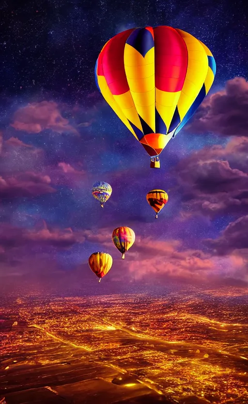 Prompt: highly detailed realistic photo of hot air balloon flying in colorful night space, stars are glowing, vibrant colors, award winning masterpiece photography, hyper realistic, concept art, 8 k detail post - processing