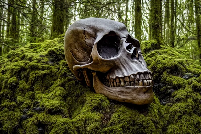Prompt: high quality scary alienated monster skull statue sitting in the middle of a dark and creepy forrest, partly covered with moss, highly detailed, cinematic smooth, stephen shore & john j. park, soft morning light, wide shot, high angle, uhd 8 k, deep focus