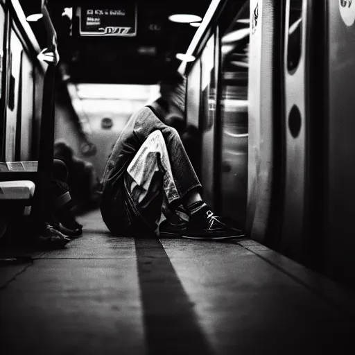 Prompt: tony hawk with his legs cut off crying on a subway train, photograph, black and white, emotional lighting, moody shadows, 4 k