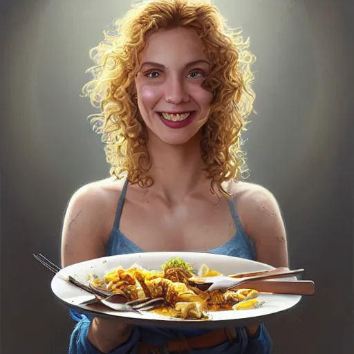 Image similar to epic portrait an poster showing an waitress holding a plate of food and smilling, curly blonde hair, pretty face, glossy skin, digital painting, artstation, concept art, soft light, hdri, smooth, sharp focus, illustration, fantasy, intricate, elegant, highly detailed, D&D, matte painting, in the style of Greg Rutkowski and Alphonse Mucha and artemisia, 8k, highly detailed, jurgens, rutkowski, bouguereau, pastoral, rustic, georgic