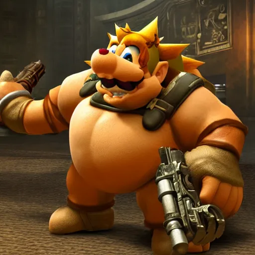 Image similar to Bowser from Mario in Gears of War, highly detailed, high quality, HD, 4k, 8k, Canon 300mm, professional photographer, 40mp, lifelike, top-rated, award winning, realistic, sharp, no blur, edited, corrected, trending