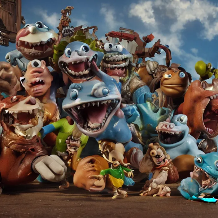 Image similar to jeff koons style street sharks in wallace and gromit, ultra realistic, concept art, intricate details, serious, highly detailed, photorealistic, octane render, 8 k, unreal engine, art by todd mcfarlane and artgerm and greg rutkowski and alphonse mucha