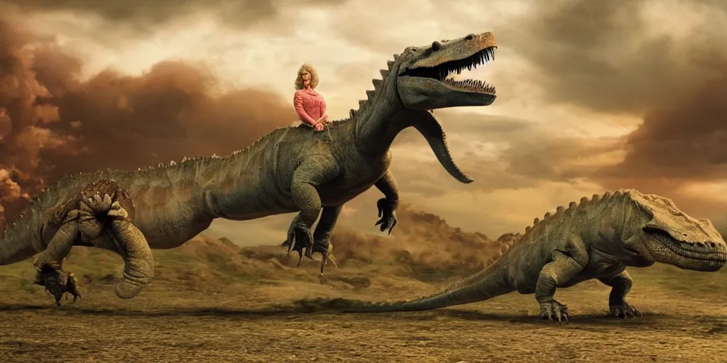 Prompt: mirtha legrand riding a dinosaur, cinematic, 4 k, movie