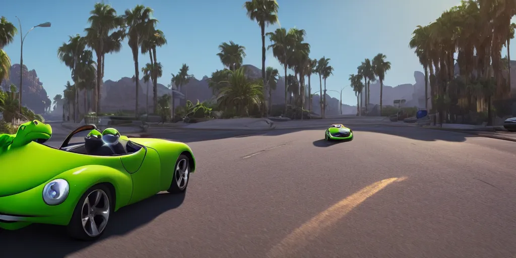 Image similar to kermit driving a car, wlop, palm trees, desert, cinematic lighting, hyperdetailed, 8 k realistic, symmetrical, global illumination, radiant light,, frostbite 3 engine, cryengine, dof, trending on artstation, digital art, chanel