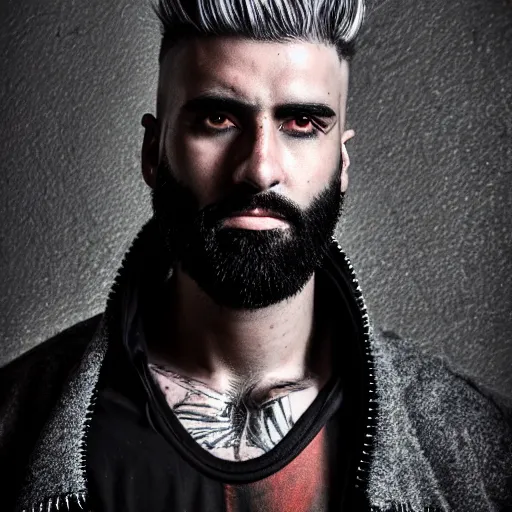Image similar to bust portrait of handsome proud man with short black hair with some grey hair, very short full beard warrior, cyberpunk, fashion editorial photography, neon color scheme, waist up, low angle