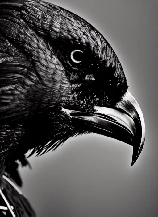 Image similar to a profile portrait, a stunning young cyborg female mixed crow mixed vegetal, editorial photography, bw, shot on 7 0 mm, depth of field, f / 2. 8, high contrast, 1 6 k, volumetric lighting, shiny, insanely detailed and intricate, hypermaximalist, elegant, ornate, hyper realistic, super detailed