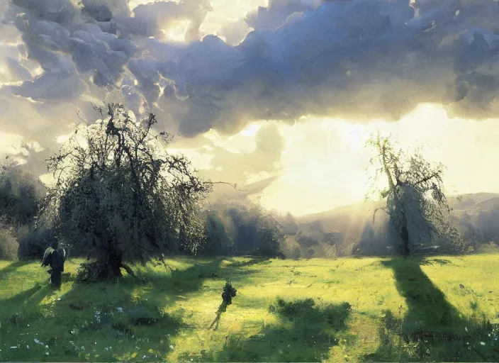 Image similar to oil painting of translucent pears on tree, medieval forest path in dawn by anders zorn, wonderful art by greg rutkowski, incredible lighting, shadows, beautiful cinematic light, american romanticism by greg manchess, tall rocky mountains and storm clouds, sun rays, sunshine, bright sunny summer day, stone walls and wooden fences, meadow