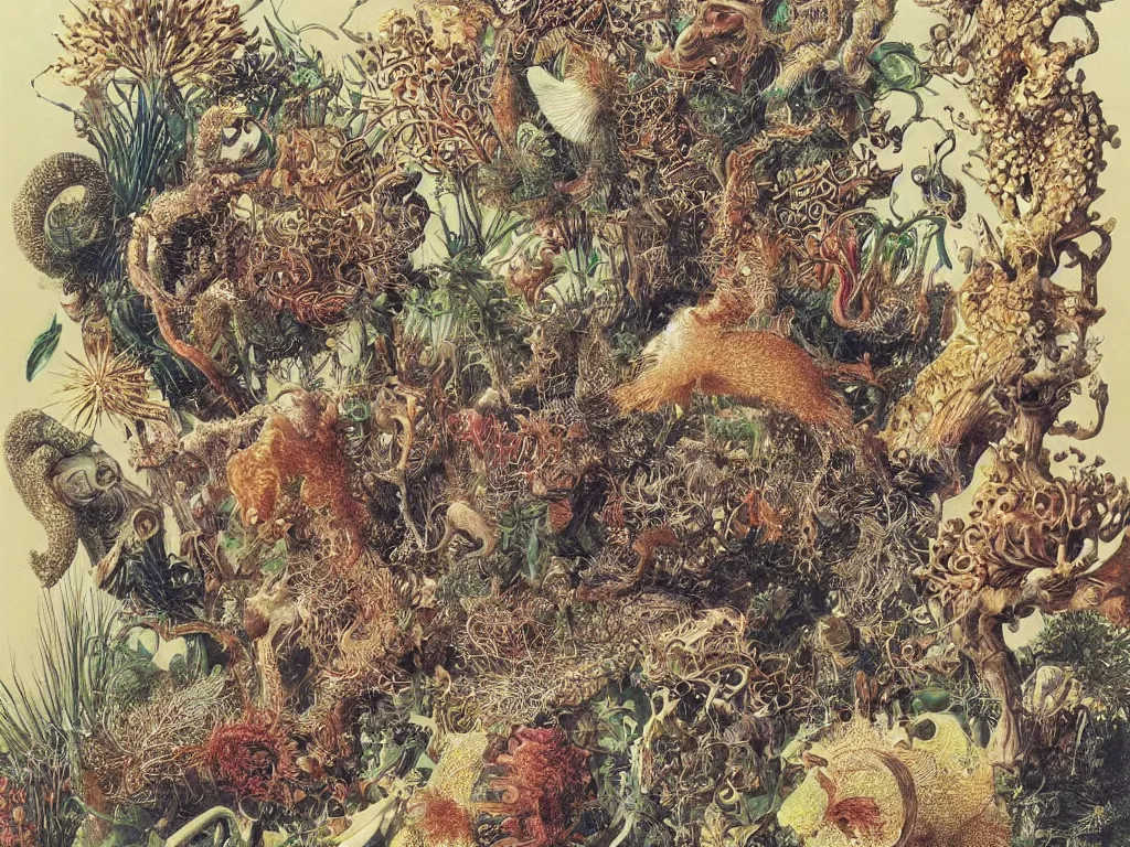 Image similar to Small animals, microorganisms living in the golden beard of a man. Painting by Ernst Haeckel, Walton Ford