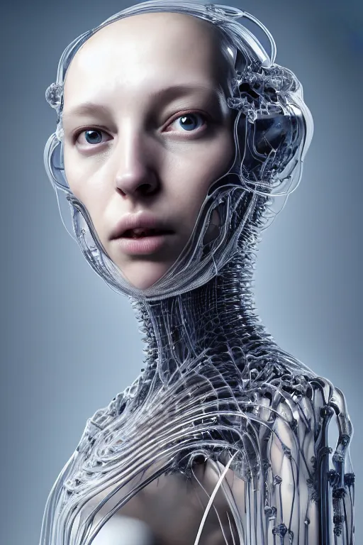 Prompt: young woman, iris van herpen, beautiful face, perfect symmetrical body, full body shot, inflateble shapes, wires, tubes, veins, jellyfish, white biomechanical details, wearing epic bionic cyborg implants, masterpiece, intricate, biopunk, vogue, highly detailed, artstation, concept art, cyberpunk, octane render