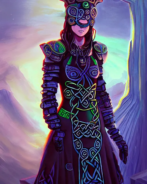 Prompt: celtic scifi druid of the highlands, wearing a lovely dress with cyberpunk details. this oil painting by the award - winning mangaka has an interesting color scheme and impeccable lighting.