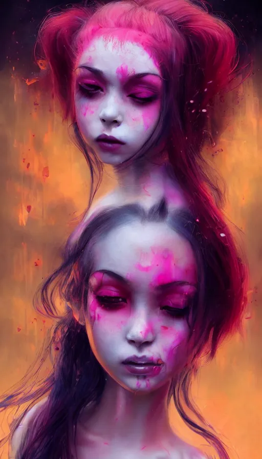 Image similar to shot of sinister girl with pouty aerochrome ( ( ( lips ) ) ), fungal, adorable, expressive eyes, kawaii playful pose of a dancer, greg rutkowski, charlie bowater, yuumei, stephen gammell, unreal 5, daz, hyperrealistic, dark, dynamic lighting, fantasy art, beautiful face