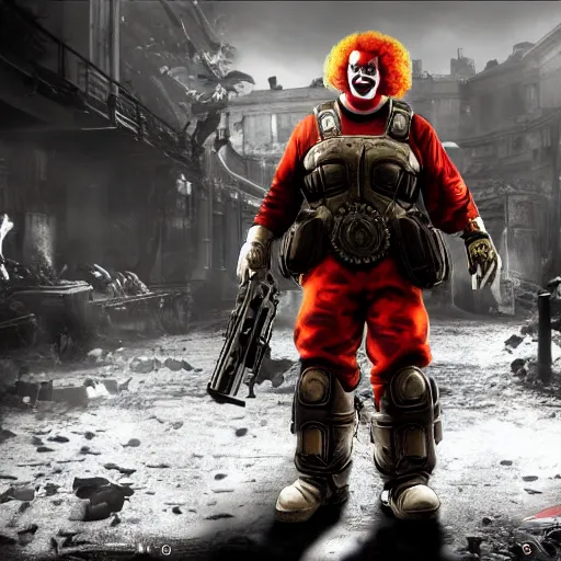 Image similar to ronald mcdonald clown in gears of war, cinematic shot, hyperdetailed