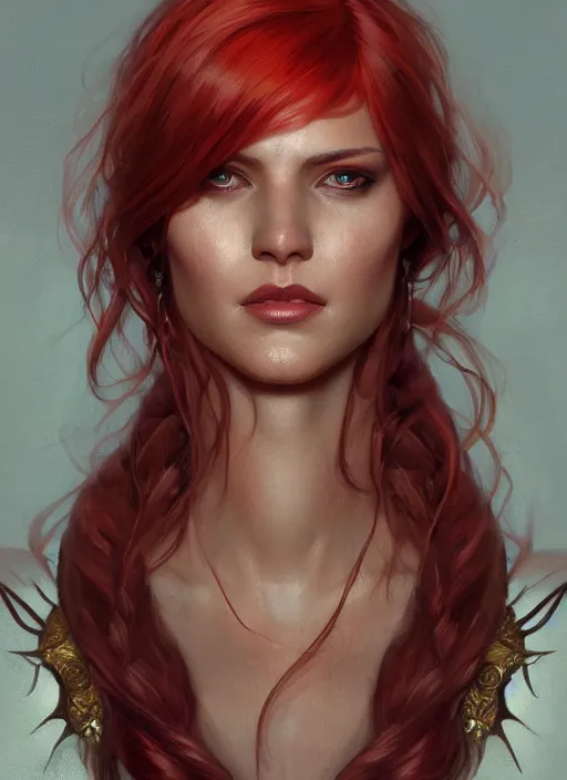 Image similar to symmetry!! red sonja, machine parts embedded into face, intricate, elegant, highly detailed, digital painting, artstation, concept art, smooth, sharp focus, illustration, art by artgerm and greg rutkowski and alphonse mucha, 8 k