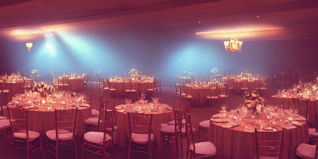 Image similar to a phantom hovers inside of a banquet hall. dramatic soft color lighting ( 1 9 8 4 ).