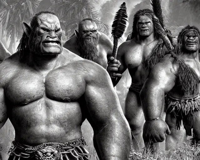 Image similar to hyper realistic group vintage photograph of a live action warcraft orc warrior tribe in the jungle, tall, hulk like physique, detailed faces, tribal paint, tribal armor, grain, old, monochrome, sepia toned, realistic lighting, wide angle