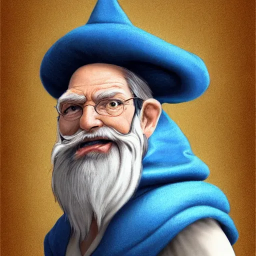 Prompt: character concept art of a kind old wizard with a long white beard looking a confused, holding a pet chicken perched top of his hat, wearing a blue robe, blue eyes, realistic, detailed, trending on ArtStation, by John Howe