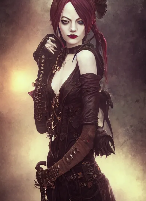 Image similar to dark goth gothic steampunk portrait of emma stone, hyper detailed, digital art, cinematic lighting, studio quality, smooth render, unreal engine 5, octane rendered, art style by klimt and nixeu and ian sprigger and krenz cushart.