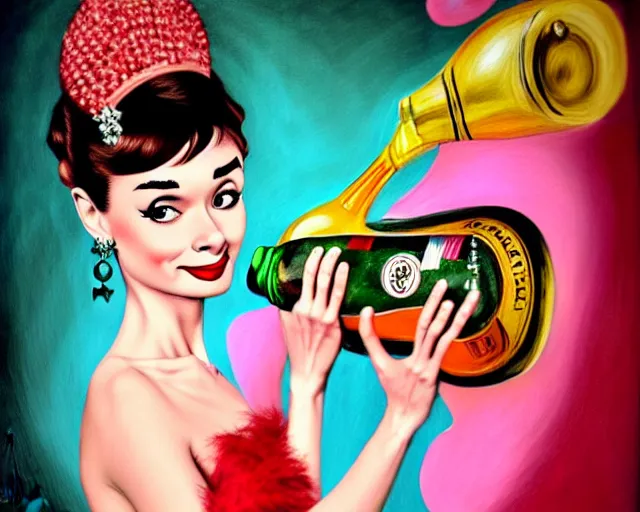 Image similar to audrey hepburn as a cancan dancer with a big bottle of champagne in art deco style, nicoletta ceccoli, mark ryden, lostfish, max fleischer, hyper realistic, artstation, illustration, digital paint, matte paint, vivid colors, bright, cheerful, detailed and intricate environment