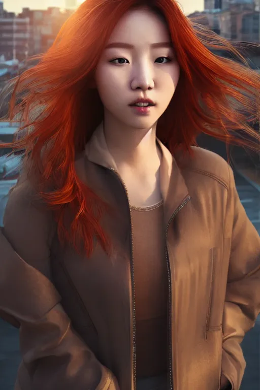 Prompt: hyperrealistic portrait of stunningly beautiful redhead korean girl, lit in a dawn light, busy city on background, trending on artstation,ultrawide angle, f8 , polarizer , unreal engine