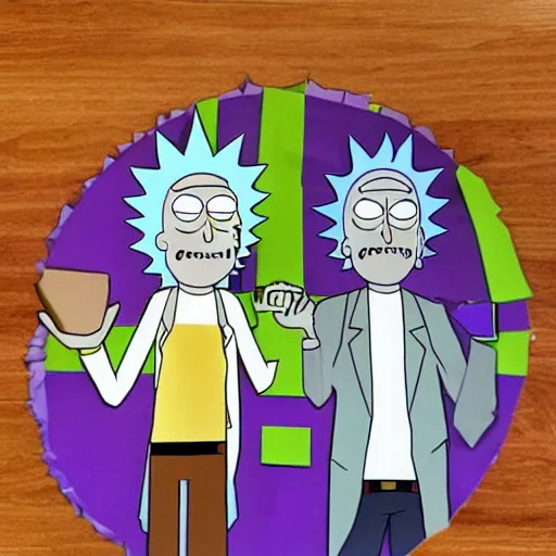 Image similar to Rick and Morty having dinner, layered paper style