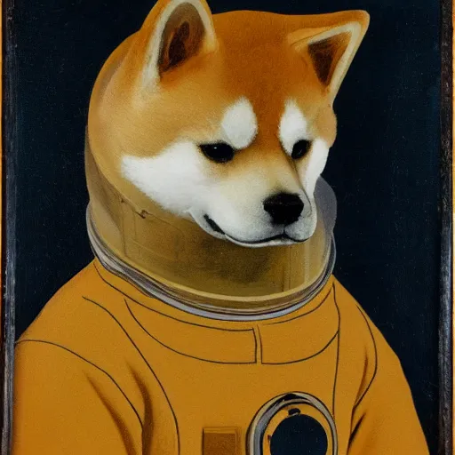 Image similar to Portrait of a shiba inu astronaut, oil painting, 16th century