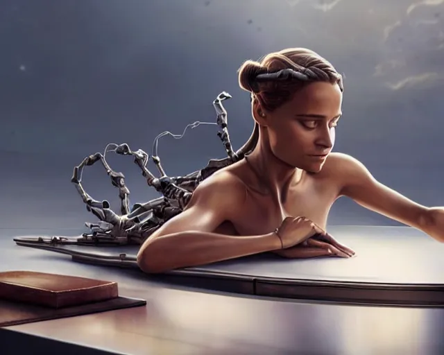 Image similar to weta disney pixar movie still head and torso screenshot photo of alicia vikander lying down on a mechanical table with a white ponytail as thoughtful intricate detailed mechanical plastic cyborg girl by pixar, by weta, wlop, ilya kuvshinov, rossdraws, artgerm, latex, iridescent, bright morning, anime, liosh, mucha