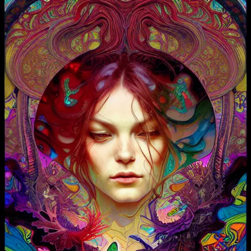 Image similar to An extremely colorful psychedelic experience, reality bending, magic mushrooms, psilocybin, LSD, face, detailed, intricate, elegant, highly detailed, digital painting, artstation, concept art, smooth, sharp focus, illustration, art by Krenz Cushart and Artem Demura and alphonse mucha