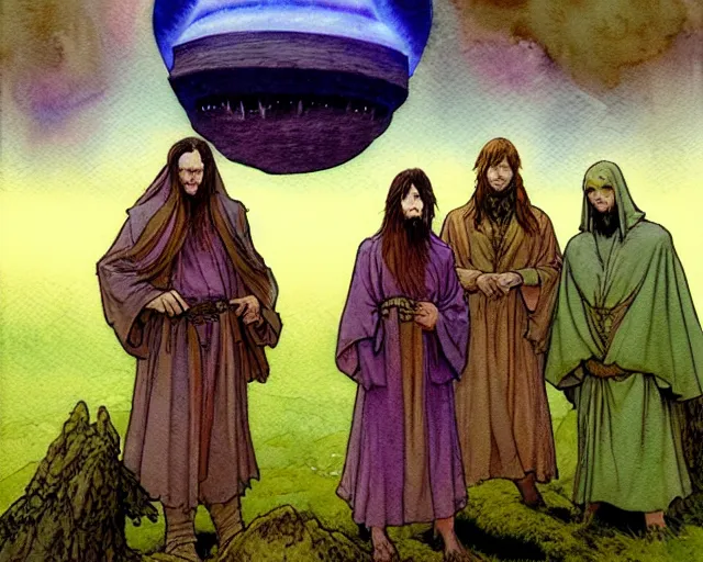 Prompt: a realistic and atmospheric watercolour fantasy character concept art portrait of a group of christians wearing robes and emerging from the mist on the moors of ireland at night. a ufo is in the sky. by rebecca guay, michael kaluta, charles vess and jean moebius giraud