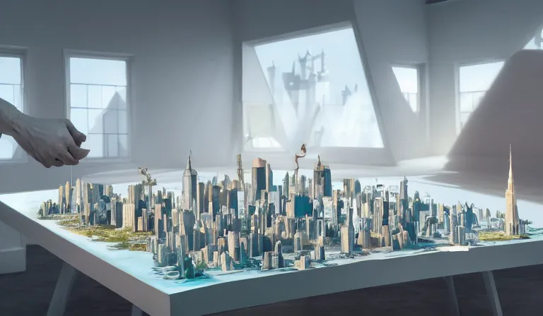 Image similar to gediminas pranckevicius group of people in simple white museum, looking at hologram of futuristic city on a table, cinematic concept art, godrays, golden hour, natural sunlight, 4 k, clear details, tabletop model buildings, center model buildings, hologram center, crane shot, crane shot, crane shot