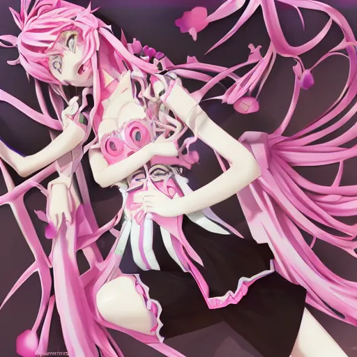 Image similar to trapped beneath stunningly absurdly huge beautiful omnipotent asi goddess junko enoshima with an enigmatic complex twisted innocenty looking deceptive mesmerizing megalomaniacal yandere personality, symmetrical perfect face, porcelain skin, pink twintail hair and cyan eyes, ultra detailed, digital art, unreal engine 5, octane render, 2 d anime, 8 k