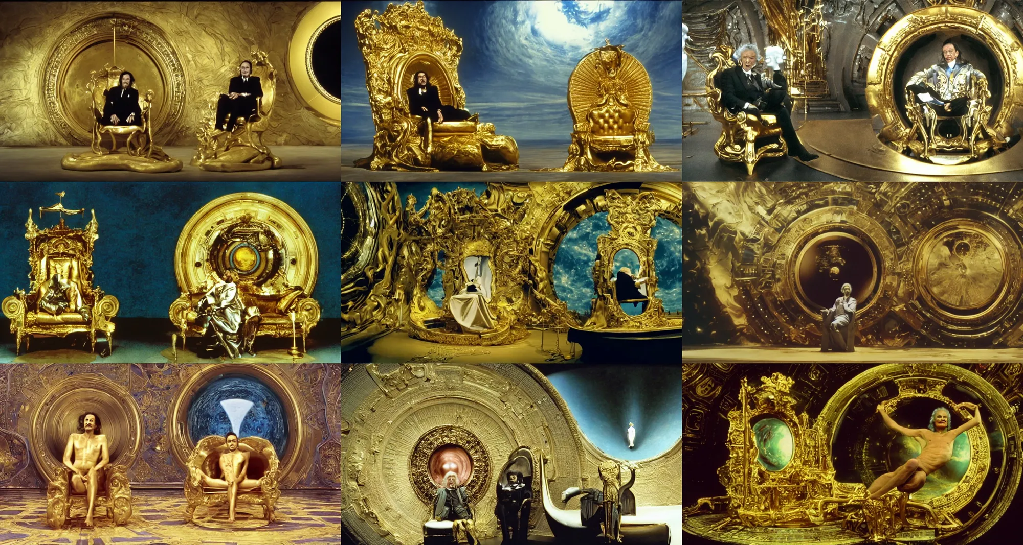 Prompt: salvador dali as emperor sits on gold futuristic chair in front of huge central porthole in which venus planet is visible | still frame from the movie by alejandro jodorowsky with cinematogrophy of christopher doyle and art direction by hans giger from the movie sunshine, anamorphic lens, kodakchrome, 8 k