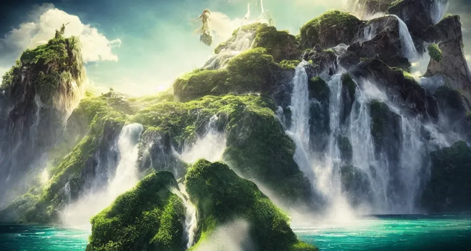 Prompt: A magnificent floating island in the sky above the sea, defying gravity, floating and flying island, waterfall, epic lighting, epic composition, highly detailed