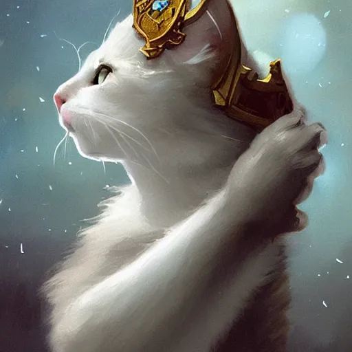 Image similar to A cute heraldic white kitty cat queen posing with one paw raised in the air, D&D, fantasy, intricate, cinematic lighting, highly detailed, digital painting, artstation, concept art, smooth, sharp focus, illustration, art by Akihiko Yoshida, Greg Rutkowski and Alphonse Mucha