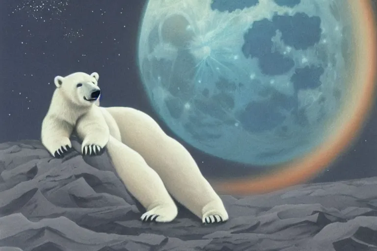 Image similar to a polar bear sitting on the moon by barclay shaw, portrait,