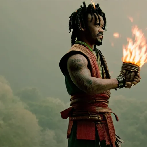 Prompt: cinematic film still of Lil Uzi starring as a Samurai holding fire, Japanese CGI, VFX, 2022, 40mm lens, shallow depth of field, film photography