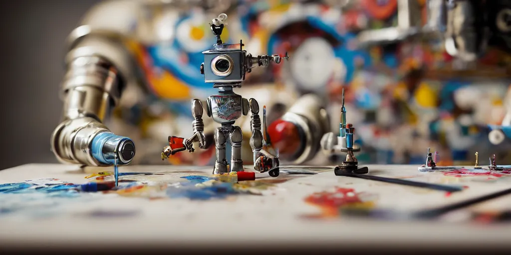 Image similar to closeup portrait of tin toy retro robot painter mixing gouache on white paper table in an artist workshop, depth of field, zeiss lens, detailed, centered, fashion photoshoot, by nicoletta ceccoli, mark ryden, lostfish, breathtaking, 8 k resolution, extremely detailed, beautiful, establishing shot, artistic, hyperrealistic, octane render