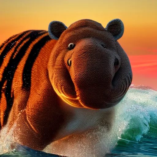 Image similar to a closeup photorealistic photograph of a cute smiling knitted tiger hippopotamus riding an epic wave at sunset. surf in the background. professional capture. brightly lit scene. this 4 k hd image is trending on artstation, featured on behance, well - rendered, extra crisp, features intricate detail, epic composition and the style of unreal engine.