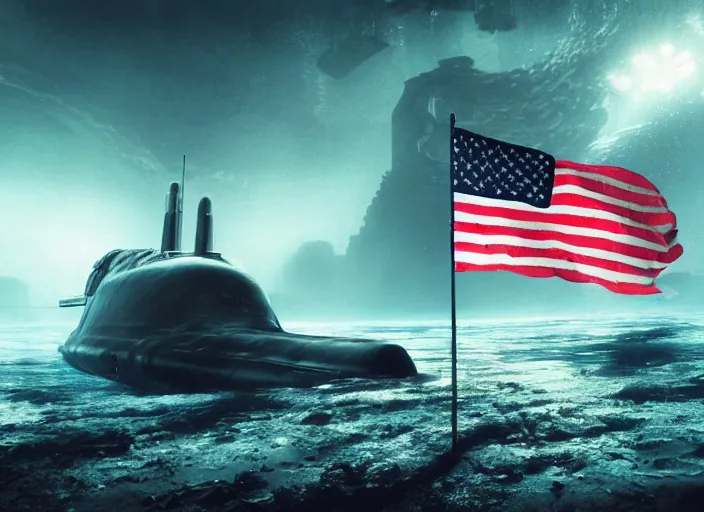 Image similar to astronaut holding a flag in an underwater desert. a submarine is visible in the distance. dark, concept art, cinematic, dramatic, atmospheric, 8 k, trending on artstation, blue, fish, low visibility, light rays, extremely coherent, bubbles, fog, ocean floor, christopher nolan, interstellar