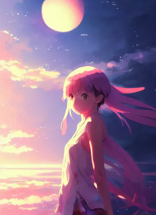 Image similar to anime girl floating against the backdrop of dawn, saturn in the background, illustration, concept art, anime, key visual, trending pixiv fanbox by wlop and greg rutkowski and makoto shinkai and studio ghibli