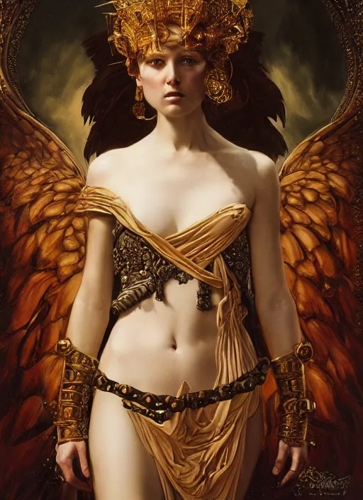 Image similar to highly detailed oil painting | very intricate | cinematic lighting | award - winning | portrait of the goddess of war dressed by alexander mcqueen | by roberto ferri, by tom bagshaw, by j. c. leyendecker and klimt, american romanticism, by austin osman spare, artstation, cgsociety, official art, octane