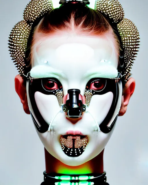 Image similar to symmetrical portrait of a biomechanical cyborg wearing a silicone swarovski studded iridescent beauty mask and neon hair buns, wearing a black bodysuit by alexander mcqueen, cream white background, soft diffused light, biotechnology, humanoid robot, bjork aesthetic, translucent, by rineke dijkstra, intricate details, highly detailed, masterpiece,