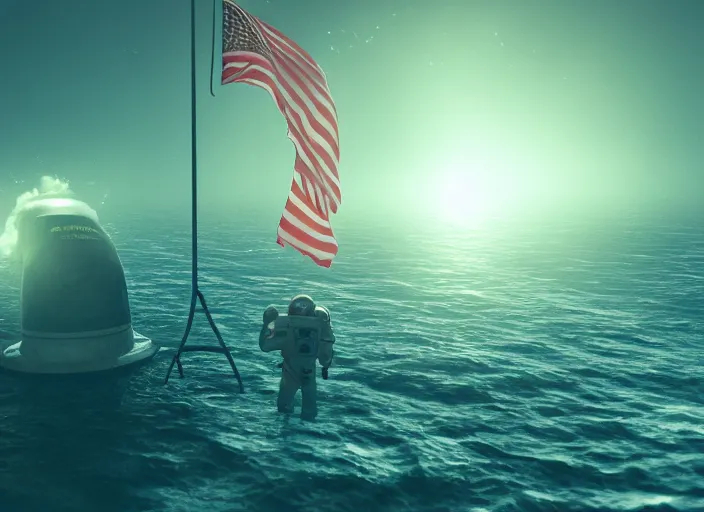 Prompt: astronaut underwater putting a flag on the bottom of the ocean. in the background, a submarine is visible. dark, concept art, cinematic, dramatic, blender, photorealistic, octane render, 8 k, volumetric lighting, trending on artstation, stranger things