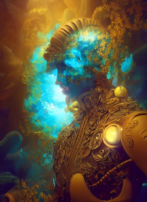 Image similar to flowers within the whole infinite capsule apparent with awe the apparition, an idea seep's into infinity highly detailed in volumetric latent space, golden turquoise steampunk, high contrast cinematic light, mystical shadows, sharp focus, divine realm of gods, octane render, artist by boris vallejo,