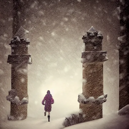 Image similar to woman running from Evil castle, in the snow, scary, foggy, flashlight, portrait, inspired by Evgeny Lushpin,George, greg rutkowski winter,nighttime,cinematic,art station